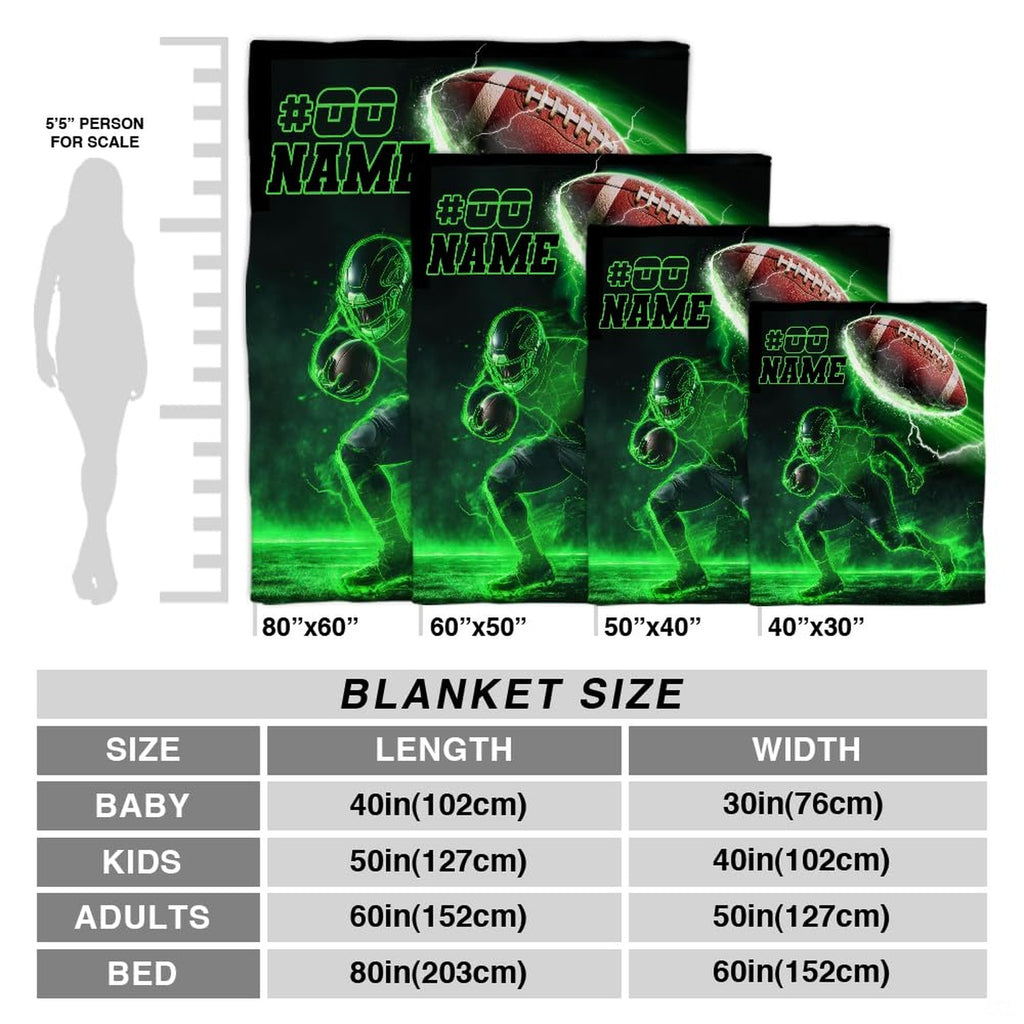 Neon green football throw blanket view 7 highlighting laser outline player, electric lightning, and glowing gridiron