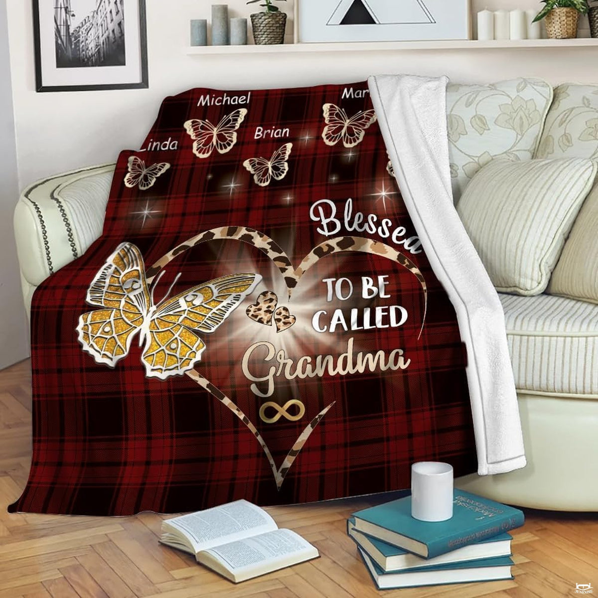 Crimson plaid butterfly textile draped across living room armchair
