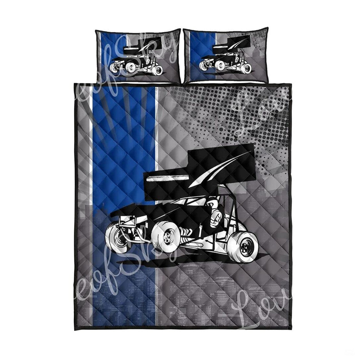 Top-thematic accent aesthetic view of sprint car race car bedding set highlighting bold royal blue, slate gray, and white...
