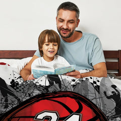 Top view of basketball bedding display highlighting split black, white, and red court graphics.