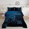 Constellation football bedding featuring a glowing cyan wireframe player rushing on a navy and black backdrop