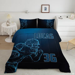 Constellation football bedding featuring a glowing cyan wireframe player rushing on a navy and black backdrop