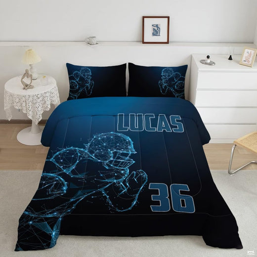 Constellation football bedding featuring a glowing cyan wireframe player rushing on a navy and black backdrop