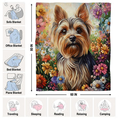 Oil painting portrait of Yorkshire terrier dog surrounded by garden wildflowers, view 6.