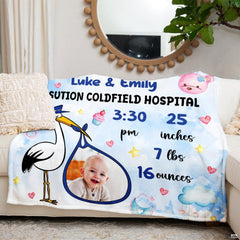 Pastel blue stork nursery milestone blanket arranged neatly on white living room seating.