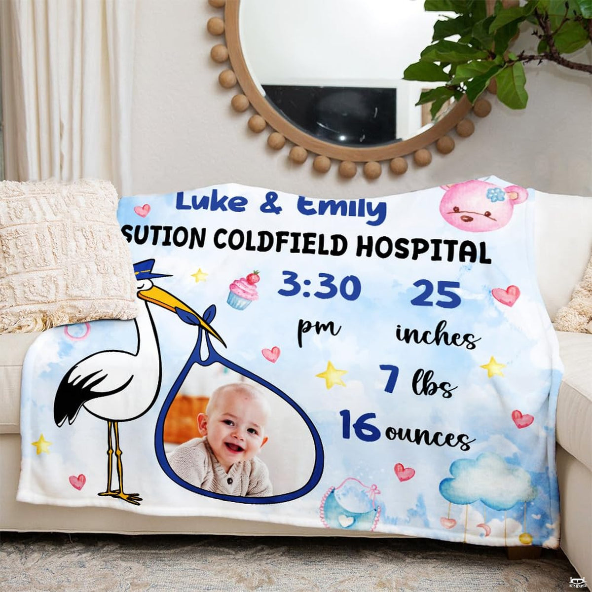 Pastel blue stork nursery milestone blanket arranged neatly on white living room seating.