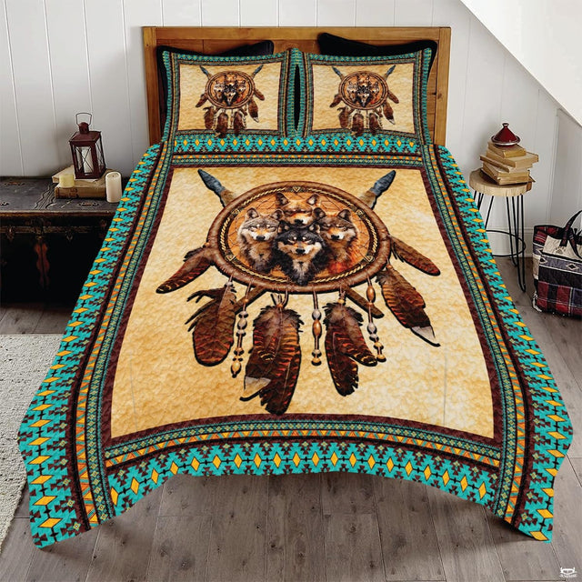 Southwestern timber wolf dreamcatcher Aztec bedding set displayed neatly on a bed in a rustic bedroom