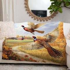 Scenic oil painting of two flying ringneck pheasants over autumn country lane and distant farm, view 4.