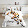 Bronze amber ice hockey goalie player sports bedding set displayed neatly on a bed in a modern youth bedroom