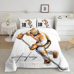 Bronze amber ice hockey goalie player sports bedding set displayed neatly on a bed in a modern youth bedroom