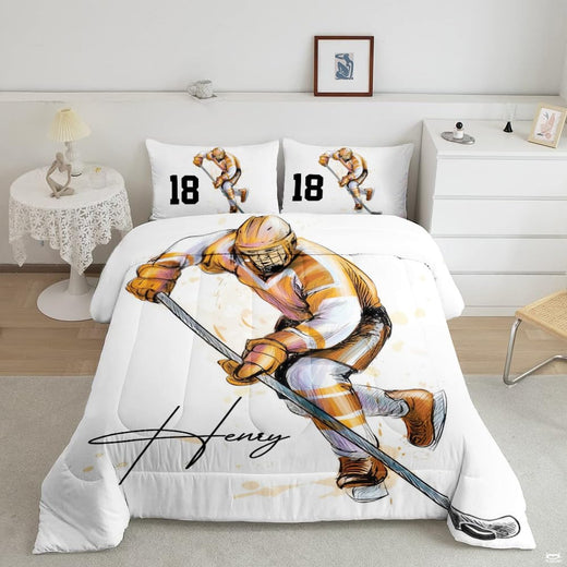 Bronze amber ice hockey goalie player sports bedding set displayed neatly on a bed in a modern youth bedroom