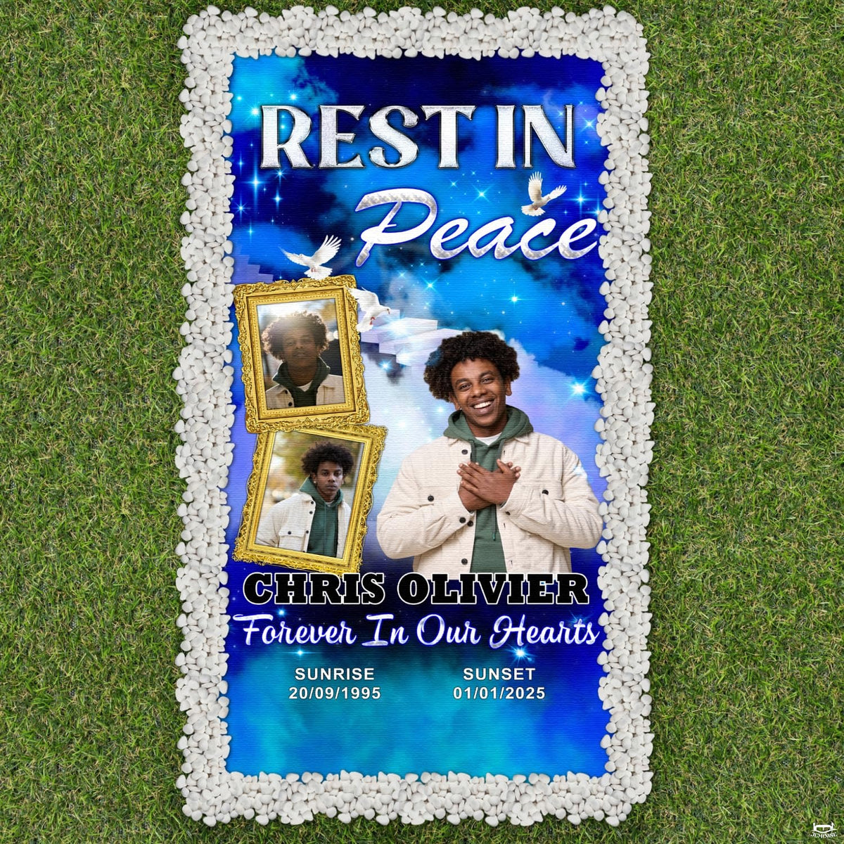 Lawn memorial setting showing the blue celestial tribute blanket beside decorative garden urns.
