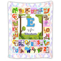 Illustrated A to Z cute animal alphabet chart surrounding central woodland meadow landscape, view 1.