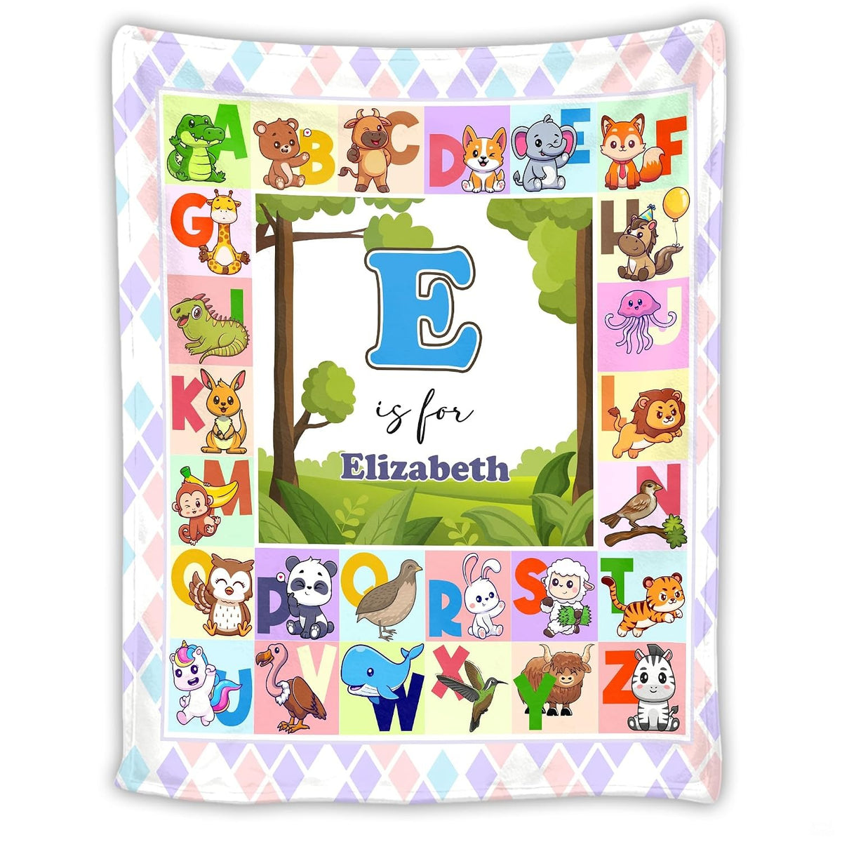 Illustrated A to Z cute animal alphabet chart surrounding central woodland meadow landscape, view 1.