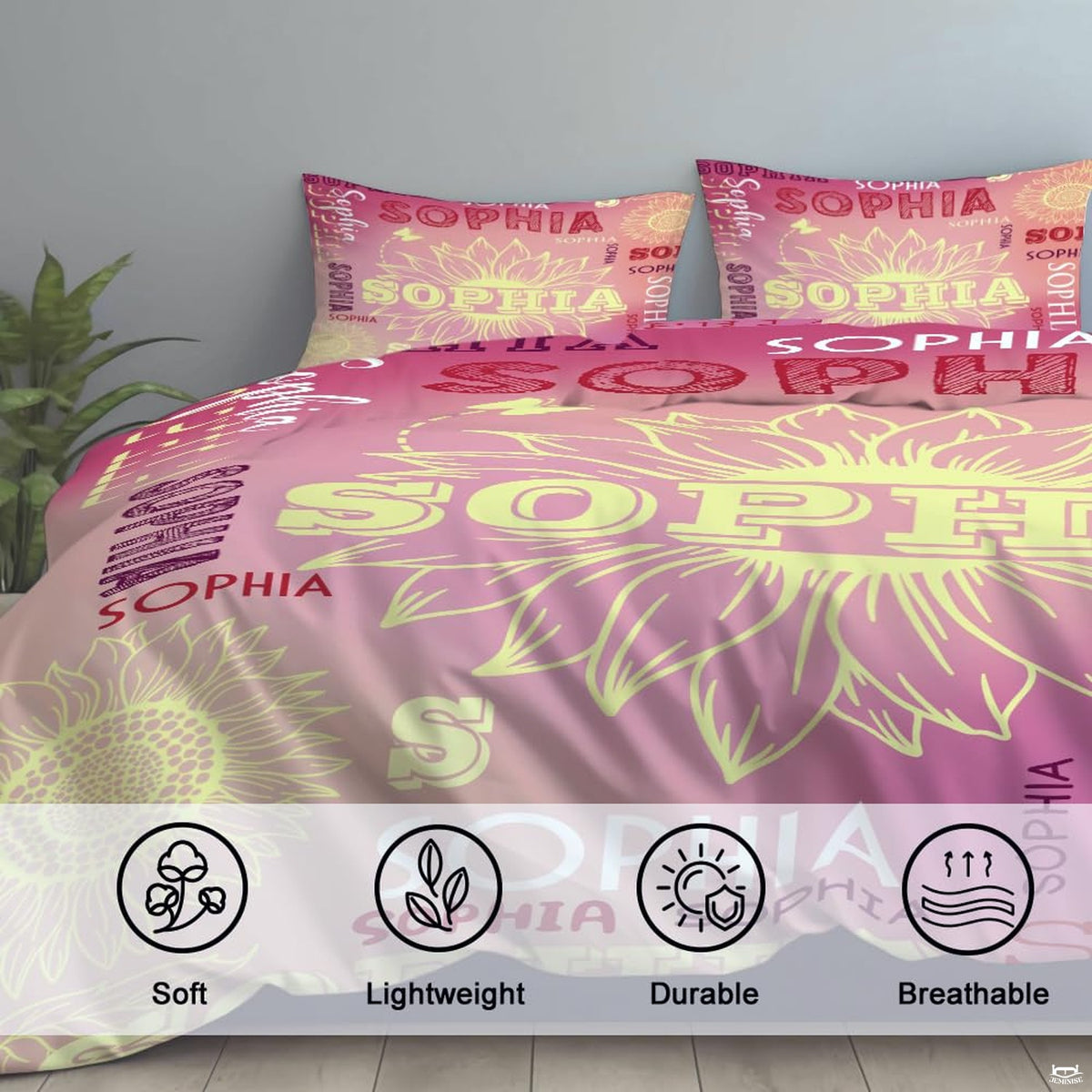 Matching pillowcase detail for fantasy bedding set showing coordinating buttercup flower and unicorn print