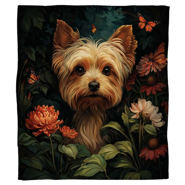 Botanical bedding set styling highlighting coral chrysanthemum blooms, monarch butterflies, and terrier dog motif.