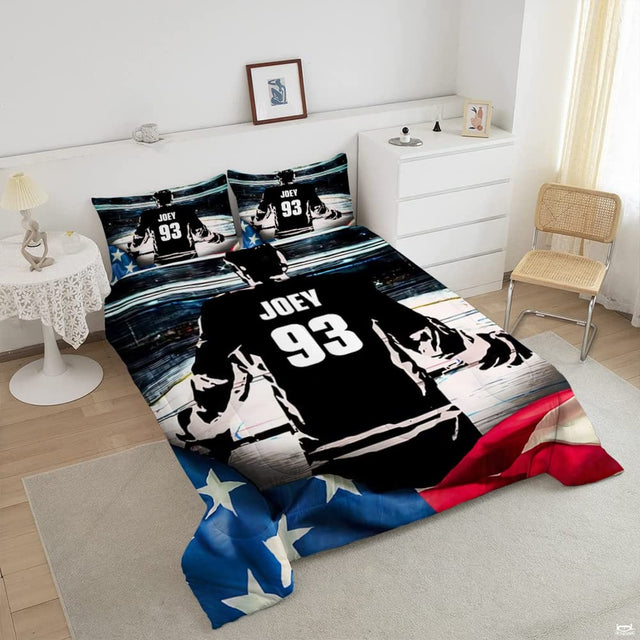 Ice hockey bedding uk styling showing an arena player graphic draped in red and white American stripes.