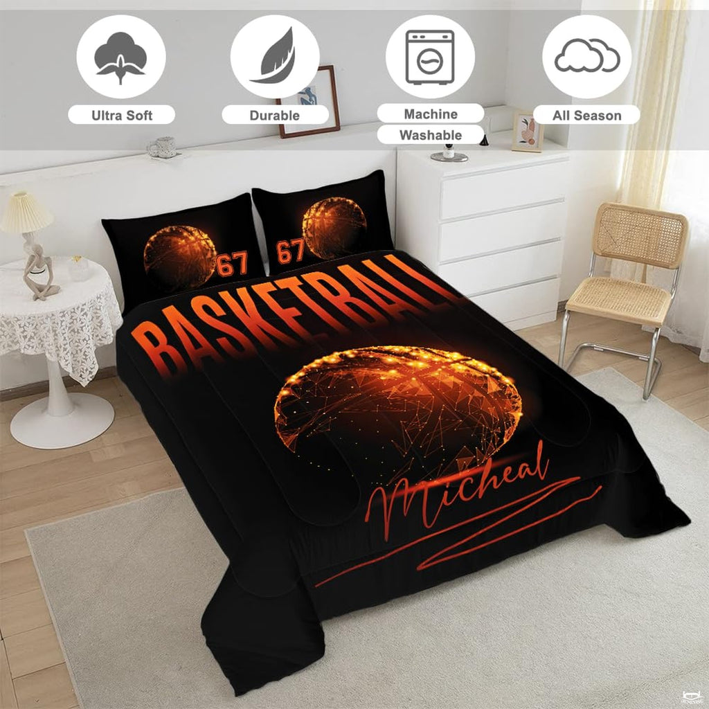 Close-up view of basketball bedding showcasing glowing neon orange ball channels and stadium floodlights