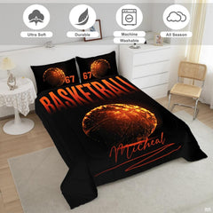 Close-up view of basketball bedding showcasing glowing neon orange ball channels and stadium floodlights
