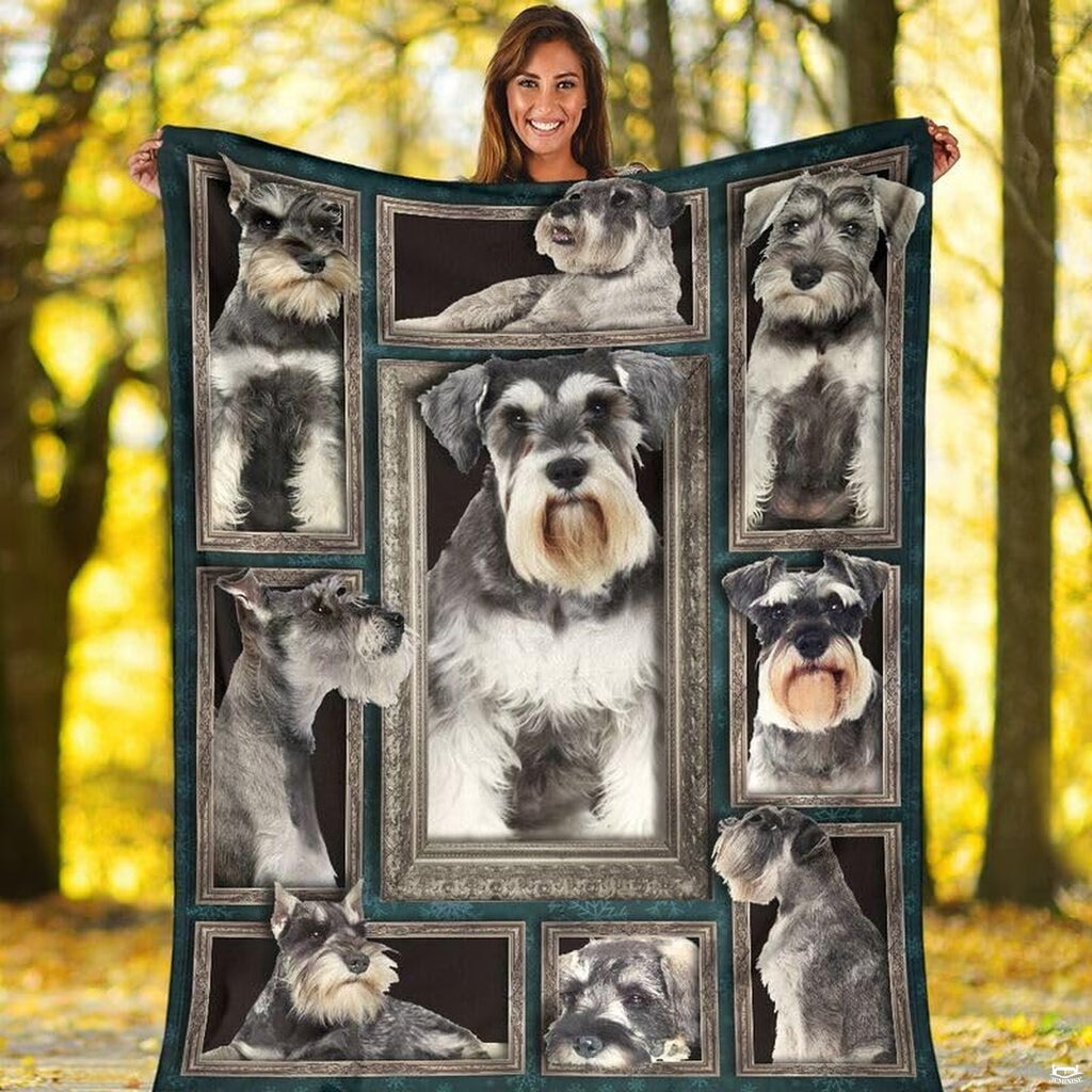 Outdoor view of a model holding up the full Miniature Schnauzer gallery throw blanket.