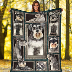 Outdoor view of a model holding up the full Miniature Schnauzer gallery throw blanket.