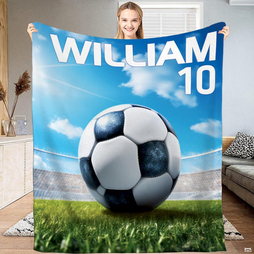 Soccer stadium arena bedding set displaying a classic soccer ball on vibrant green grass under clear skies.