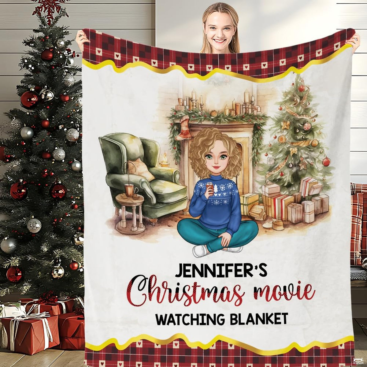 Front view of Christmas movie watching throw blanket held upright showcasing watercolor hearth artwork.