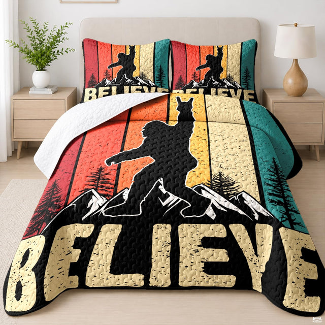 Rustic mountain Bigfoot graphic bedding set displayed in a timber cabin bedroom setting.