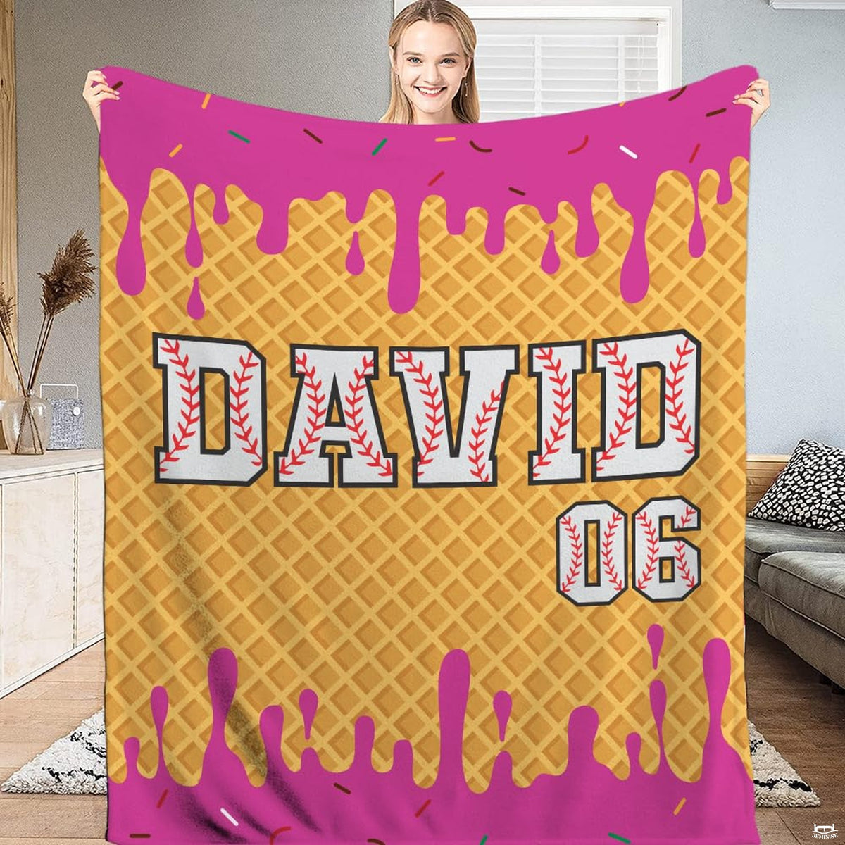 Sweet treat bedding visual showcasing waffle cone patterns and dripping pink icing accents.