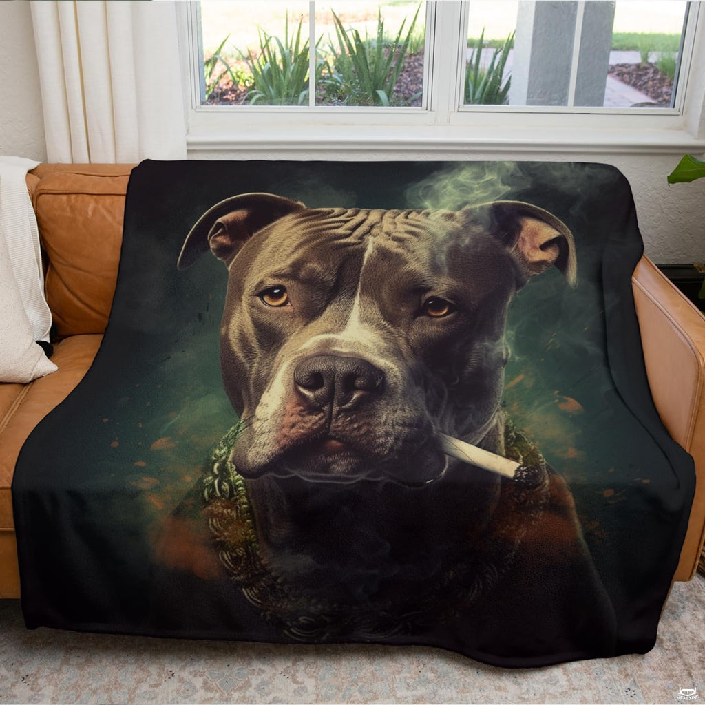 Close-up of ornate beaded collar artwork on pit bull dog portrait bedding set with rich golden details.