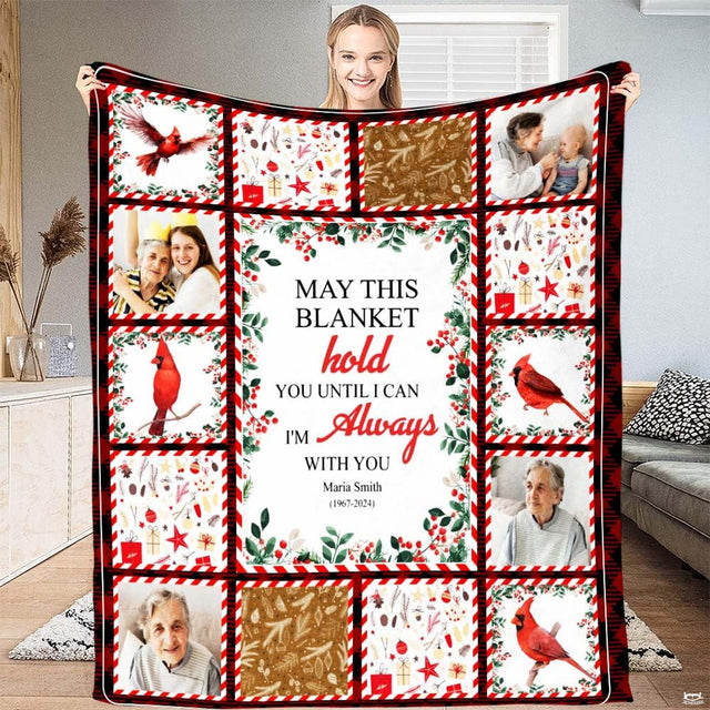Winter cardinal and plaid photo collage tribute design held open in a bright residential room