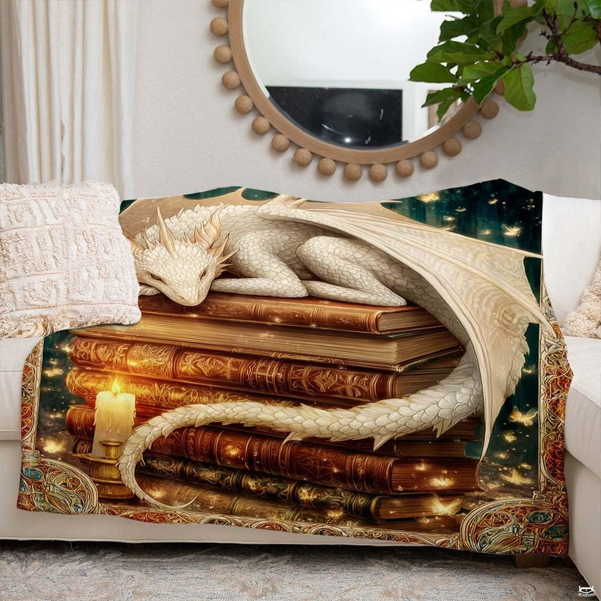 Styling view of mythological dragon reading art draped across an indoor sofa.