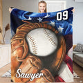 Baseball glove patriotic american flag blanket held up in living room
