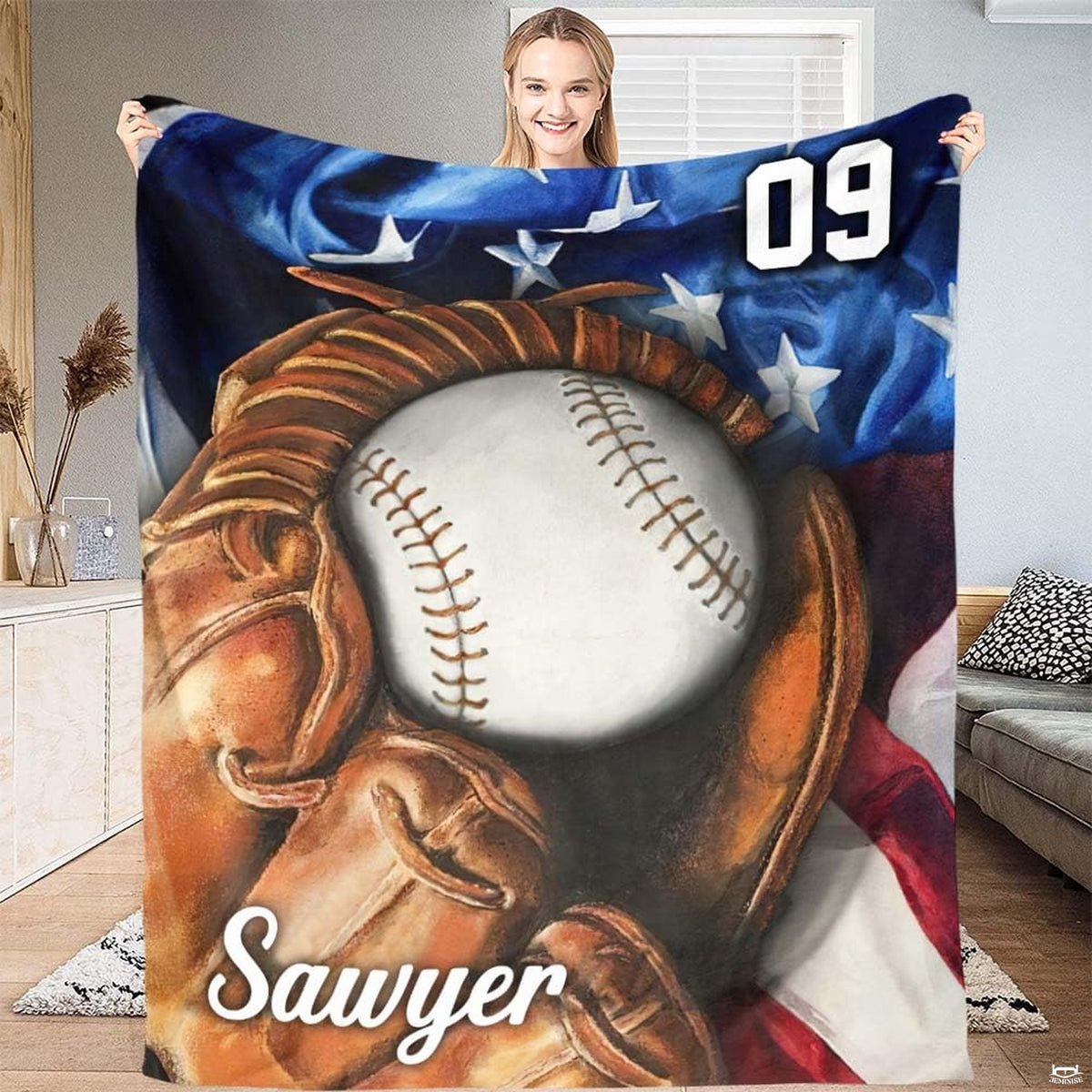 Baseball glove patriotic american flag blanket held up in living room