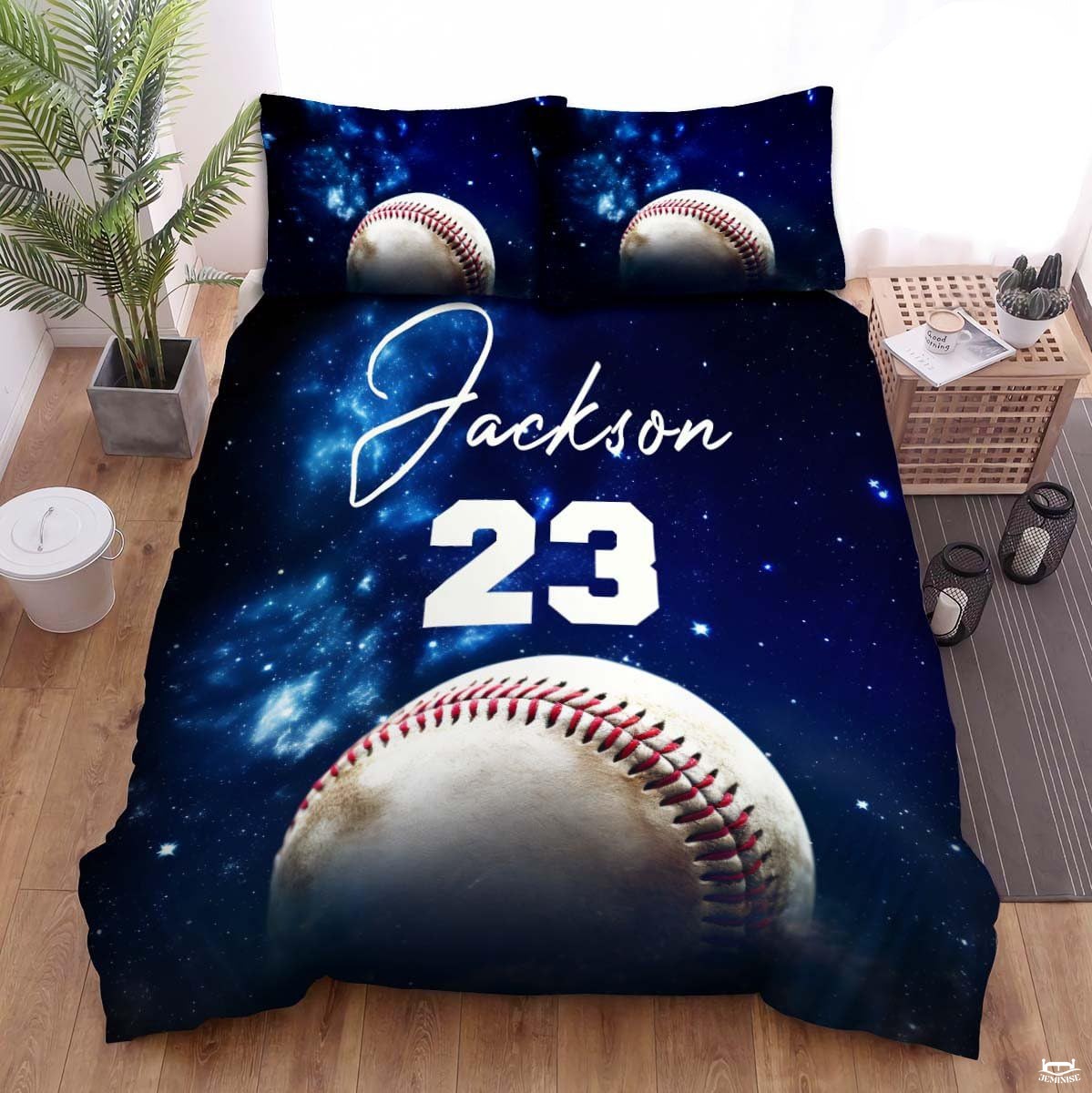 Galaxy baseball and jersey number bedding with cosmic nebula print - view 1