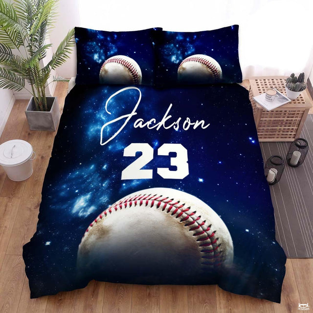Galaxy baseball and jersey number bedding with cosmic nebula print - view 1