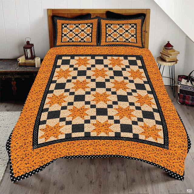 Autumn star patchwork bedding featuring orange geometric stars and black checkerboard squares