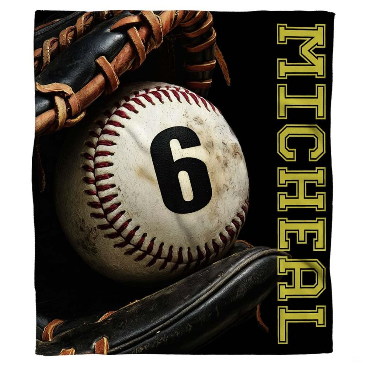 Authentic baseball in a black fielder glove beside vertical gold varsity lettering, view 1.