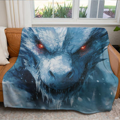 Ice dragon fantasy throw blanket draped neatly across a living room couch.