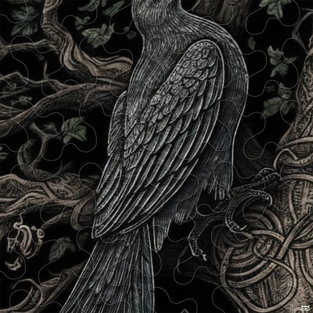 Close-up of woodcut engraving lines, textured tree bark, and Celtic knotwork pattern.