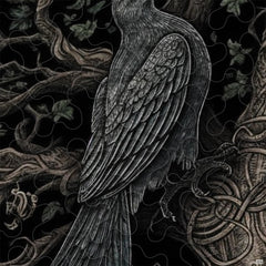 Close-up of woodcut engraving lines, textured tree bark, and Celtic knotwork pattern.
