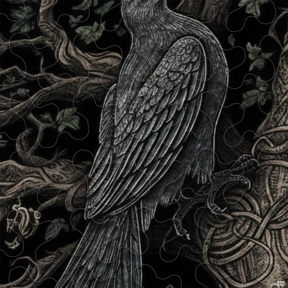 Close-up of woodcut engraving lines, textured tree bark, and Celtic knotwork pattern.