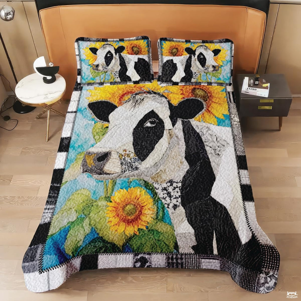 Cow with Landscape Patchwork Quilt, Animal Farmhouse Printed Quilt Set Bedding Set, Premium Patchwork Pattern Quilts Bedspread, Bedding Set with Cow Lover Gift