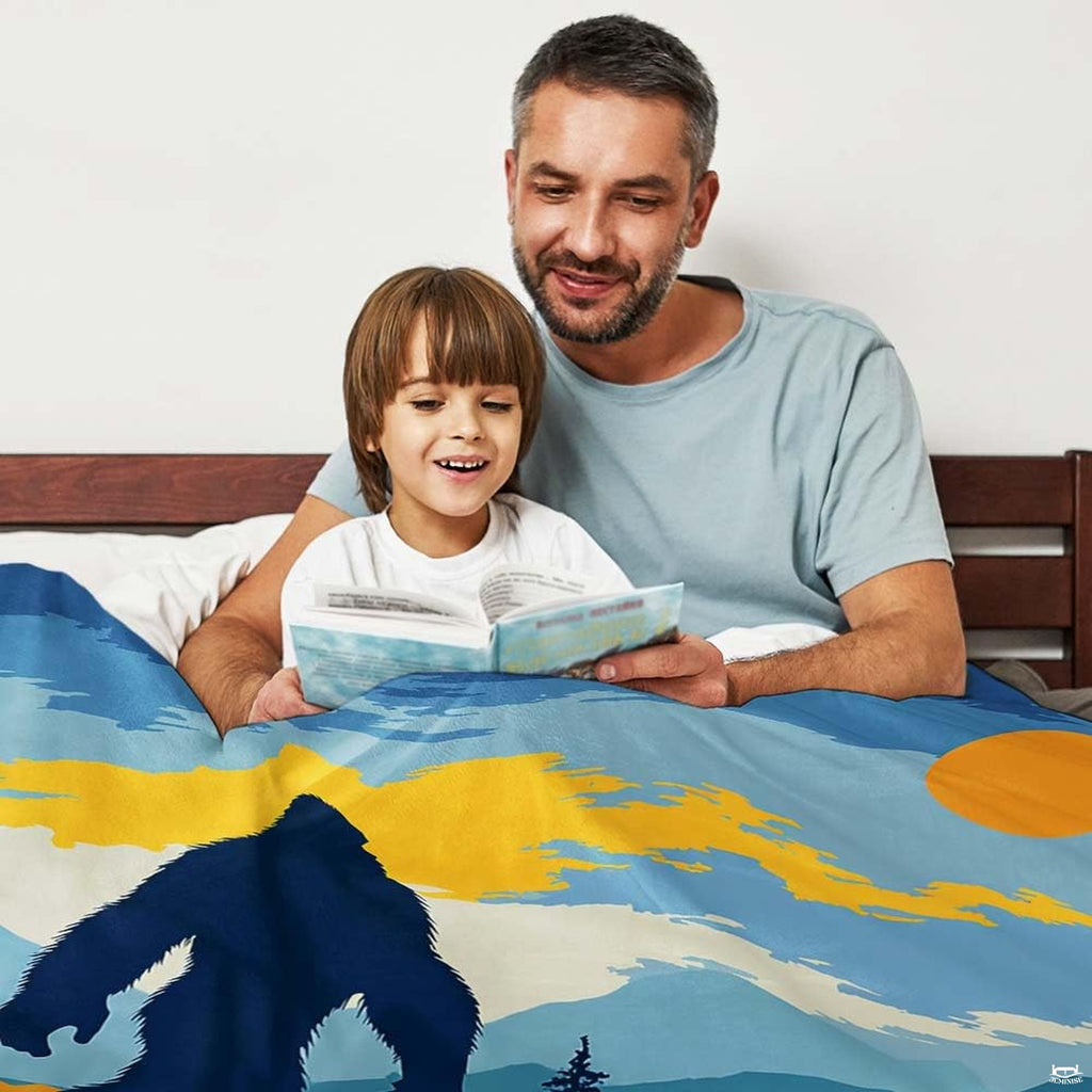 Kids wilderness bedding visual artwork depicting pine forests, layered peaks, and legendary Bigfoot.
