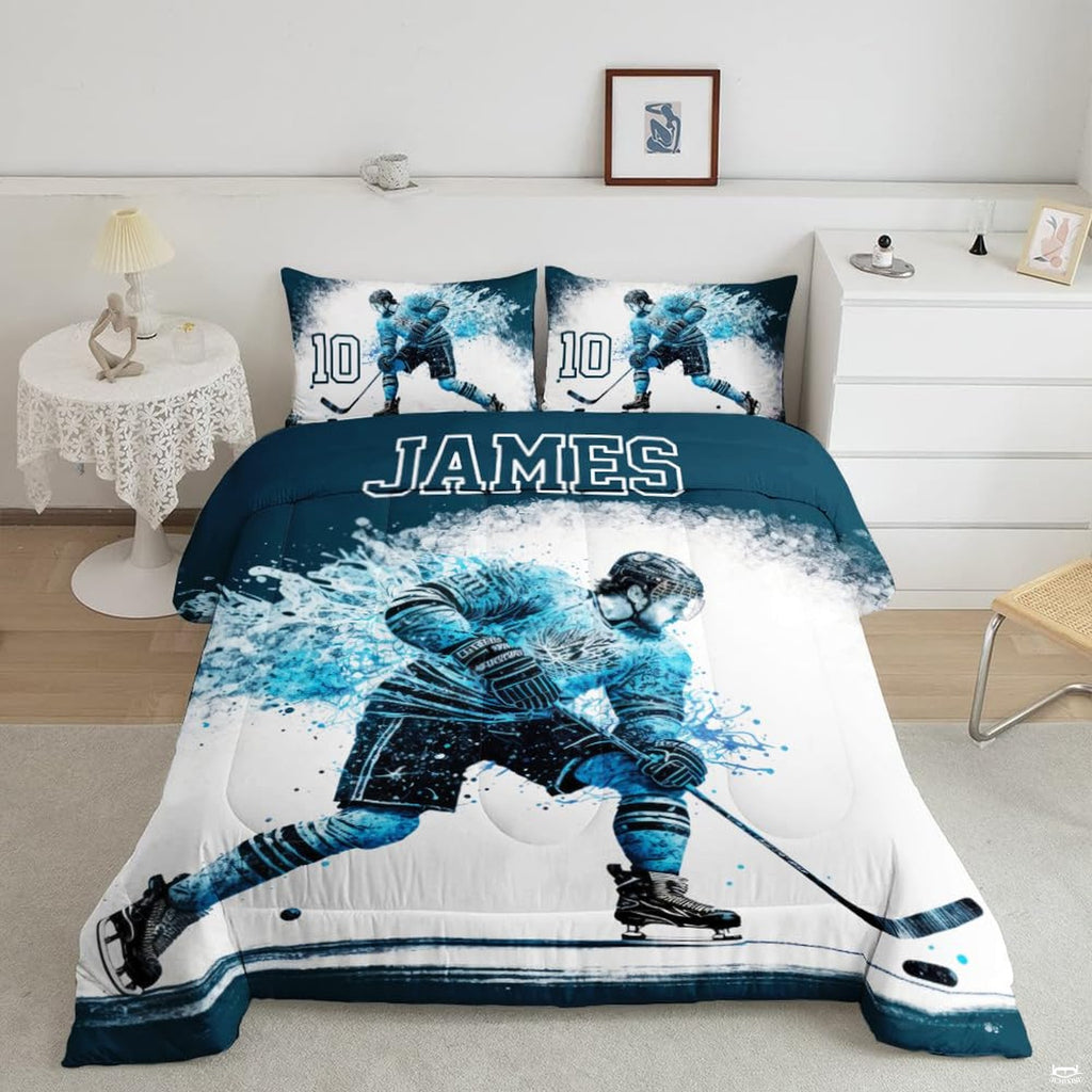 Ice hockey goalie player graphic sports bedding set displayed neatly on a bed in a modern youth bedroom