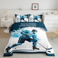 Ice hockey goalie player graphic sports bedding set displayed neatly on a bed in a modern youth bedroom