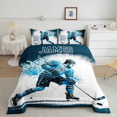 Ice hockey goalie player graphic sports bedding set displayed neatly on a bed in a modern youth bedroom