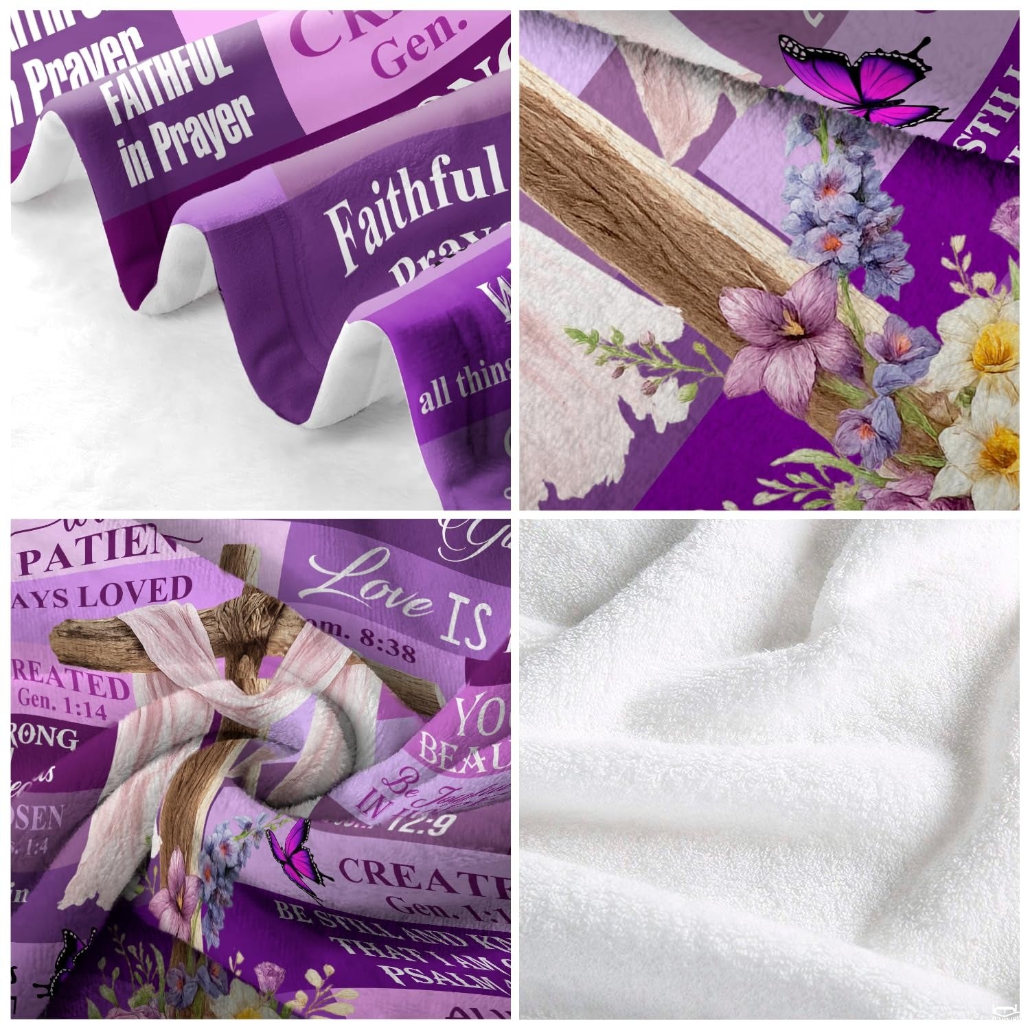 Custom Purple Floral Cross with Butterflies Blanket, Machi - Design 14