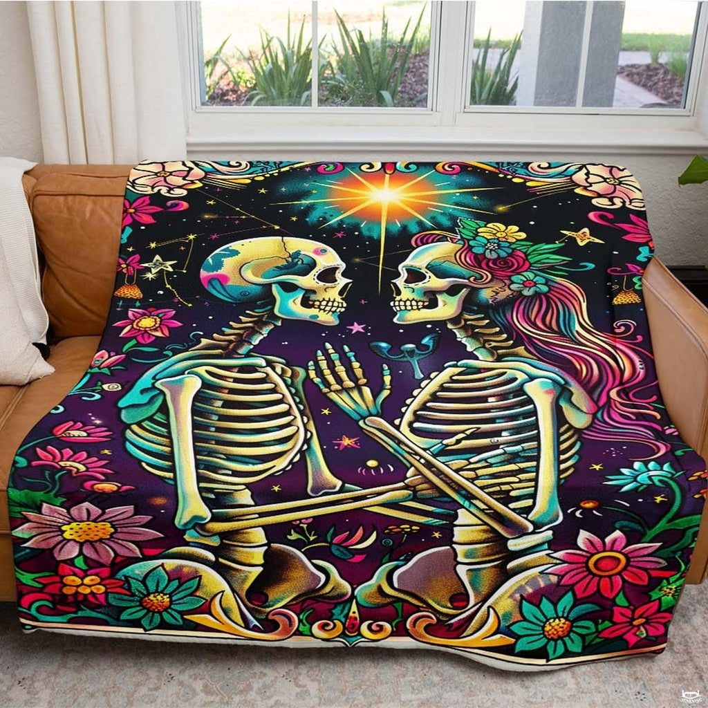 Bohemian living room setting featuring colorful sugar skull throw blanket