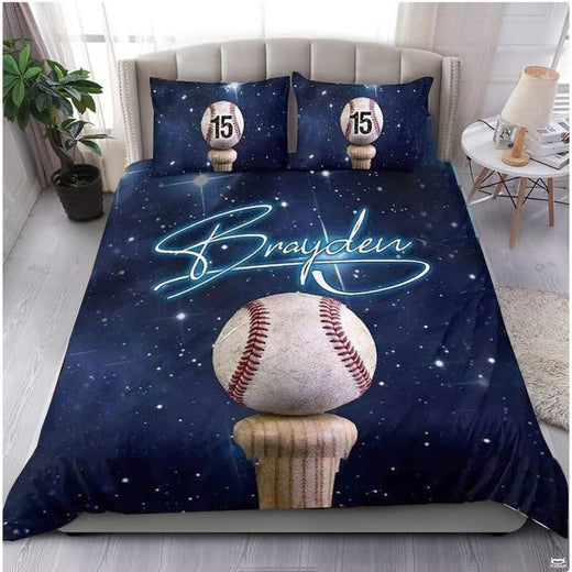 Cosmic baseball bedding featuring ball on wooden bat base against deep midnight starry galaxy background